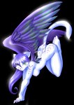 anthro black_background breasts feathered_wings feathers female fur green_eyes hair nipples nude pink_nose purple_hair simple_background solo tail white_body white_fur wings devilkitten_yami domestic_cat felid feline felis mammal digital_media_(artwork)