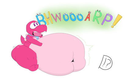 anthro belly big_belly big_butt blush burp_cloud burping butt digestion male markings necktie onomatopoeia pink_body purple_eyes rumbling_stomach sitting solo sound_effects spines tail text vore domiel gameoverse glitch_productions gobbles_(gameoverse) dinosaur letter_creature prehistoric_species reptile scalie absurd_res hi_res