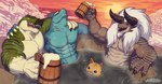 alcohol anthro beverage cheering group hot_spring male muscular muscular_anthro muscular_male relaxing sauna snow sunset water voidlesky mythology typhek xavier_(xamz) dinosaur domestic_cat dragon felid feline felis fish mammal marine mythological_creature mythological_scalie prehistoric_species reptile scalie shark theropod tyrannosaurid tyrannosauroid tyrannosaurus tyrannosaurus_rex absurd_res hi_res