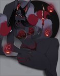 anthro black_hair bra cheek_tuft clothing colored_nails curvy_figure dipstick_tail facial_tuft female fire fluffy fluffy_tail hair horn hourglass_figure knife lingerie looking_at_viewer markings multi_tail nails occult_symbol panties pentagram pentagram_tattoo red_nails sitting solo symbol tail tail_markings tattoo thick_thighs tuft underwear wide_hips womb_tattoo vexstacy canid canine canis mammal wolf 2022 absurd_res hi_res