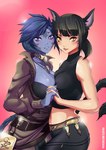 amber_eyes belt black_hair blue_hair bottomwear clothing duo facial_markings female female/female gold_(metal) gold_jewelry hair hand_holding head_markings horn jewelry looking_at_viewer markings navel pants purple_eyes simple_background smile elotika final_fantasy final_fantasy_xiv square_enix animal_humanoid au_ra cat_humanoid felid felid_humanoid feline feline_humanoid humanoid mammal mammal_humanoid miqo'te scalie scalie_humanoid 2020
