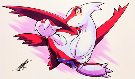blush blush_lines breasts busty_feral claws eyelashes female feral multicolored_body open_mouth simple_background solo yellow_eyes 025aki nintendo pokemon generation_3_pokemon latias legendary_pokemon pokemon_(species) 2026 absurd_res dated hi_res signature