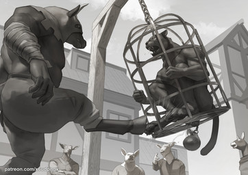 annoyed anthro athletic audience ball_stretcher ball_stretching bandage bandaged_arm bdsm bell birdcage black_body bodily_fluids bottomwear cage clenched_teeth clothed clothing cock_and_ball_torture crowd cum duo executioner_hood flaccid genital_fluids genital_torture genitals group hooves humanoid_genitalia humanoid_penis in_cage kick male male/male musclegut muscular nude open_mouth pain pants penis public public_nudity side_view sitting teeth text topless torture town pngx bovid bovine caprine cattle domestic_pig felid goat mammal pantherine suid suine sus_(pig) hi_res url