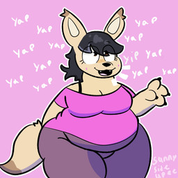 4_fingers :3 anthro belly belly_overhang big_ears black_hair bottomwear bra_strap breasts brown_eyes claws clothed clothing cute_fangs dipstick_ears dipstick_tail ear_markings ear_tuft eye_through_hair eyebrow_through_hair eyebrows eyelashes fangs female finger_claws fingers fluffy fluffy_tail fur hair hand_behind_back highlights_(coloring) markings medium_breasts multicolored_ears off_shoulder open_mouth open_smile overweight overweight_anthro overweight_female pink_background pink_clothing pink_shirt pink_topwear purple_bottomwear purple_clothing raised_hand shirt simple_background smile solo standing tail tail_markings tan_body tan_fur teeth text thick_thighs tongue topwear translucent translucent_hair tuft wide_hips yapping sunnysideupe normalsville abbey_(normalsville) canid canine fennec_fox fox mammal true_fox 1:1 2026 absurd_res artist_name english_text hi_res shaded signature watermark