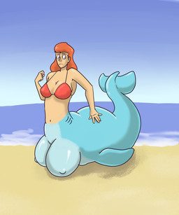 4_breasts beach bikini bikini_top blue_body blue_skin breasts clothing female gills glistening glistening_body hair multi_breast nipples outside puffy_nipples red_hair sand sea seaside solo split_form swimwear transformation two-piece_swimsuit water bitterlad aquatic cetacean mammal merfolk 5:6 hi_res