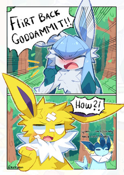 anthro band-aid bandage blood blue_body blue_fur blush bodily_fluids dialogue duo female forest fur male plant scratches sweat sweatdrop text tree yellow_body yellow_fur kireymin nintendo pokemon eiralish_(kireymin) thundra_(kireymin) eeveelution generation_1_pokemon generation_4_pokemon glaceon jolteon pokemon_(species) vaporeon comic english_text hi_res
