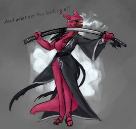 anthro areola asian_clothing clothing east_asian_clothing eye_scar facial_scar female holding_object holding_weapon japanese_clothing katana kimono looking_at_viewer melee_weapon nipples open_mouth pattern_clothing red_body scar simple_background smoke solo sword tail text unsheathing_weapon weapon alexleviafan rain_world videocult artificer_(rain_world) felid mammal slugcat digital_media_(artwork) english_text