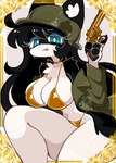 anthro armor big_breasts bikini bra breasts clothing coat female gun handgun headgear helmet ranged_weapon revolver sitting solo swimwear thick_thighs topwear two-piece_swimsuit underwear weapon wide_hips kat_kitt golden_week felid feline mammal hi_res