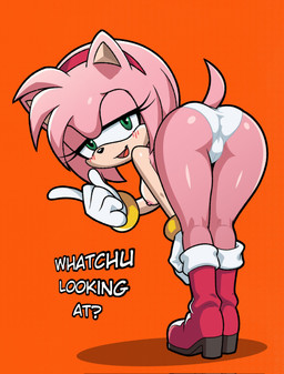 anthro areola bedroom_eyes bent_over boots breasts butt camel_toe clothing dialogue female footwear fur glistening glistening_butt glistening_thighs gloves green_eyes hair half-closed_eyes handwear looking_at_viewer looking_back narrowed_eyes nipples panties pink_body seductive shoes simple_background smile solo tail talking_to_viewer text underwear white_clothing white_panties white_underwear sirsmolnsfw sega sonic_the_hedgehog_(series) amy_rose eulipotyphlan hedgehog mammal digital_media_(artwork) english_text hi_res
