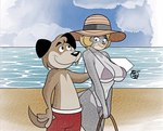 anthro arm_around_partner beach bikini biped black_clothing black_topwear blonde_hair clothed clothing container cup duo female fur grey_body grey_fur hair hat headgear headwear holding_object larger_female male male/female open_mouth purple_bikini purple_clothing purple_swimwear red_clothing red_swimming_trunks red_swimwear romantic romantic_couple seaside shirt simple_background sitting size_difference smaller_male sun_hat swimming_trunks swimwear tail talking_to_another topwear two-piece_swimsuit whiskers brisbybraveheart pierre_redmon tiffany_clawford canid canine canis domestic_cat domestic_dog felid feline felis mammal 2023 absurd_res colored hi_res