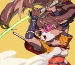 accessory action_pose anthro blue_eyes breasts brown_body brown_fur brown_hair cheek_tuft clothing eyebrow_through_hair eyebrows eyelashes eyewear facial_tuft female fur green_lightsaber hair hair_accessory hair_tie lightsaber long_hair melee_weapon neck_tuft open_mouth ponytail pose scouter solo tan_body tan_fur translucent translucent_hair tuft umbrella visor weapon goatdraw star_wars star_wars_visions lop_(star_wars_visions) lagomorph lepi leporid mammal rabbit 2024