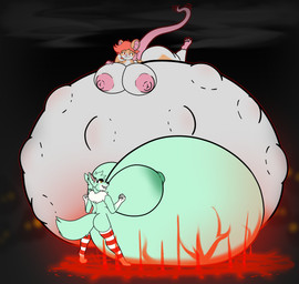 anthro belly belly_expansion big_belly big_breasts big_butt big_ears both_pregnant breasts butt clenched_teeth clothing duo expansion female fetal_movement fist glowing glowing_eyes green_body green_hair hair hand_on_breast hand_on_head huge_belly huge_breasts huge_butt hyper hyper_belly hyper_breasts hyper_pregnancy immobile legwear long_tail lying multiple_pregnancies neck_tuft on_front orange_hair pregnant pregnant_anthro pregnant_female raised_foot red_eyes ritual size_difference stockings summoning summoning_circle tail teeth thigh_highs tuft yellow_eyes sudsypup cali_(butthutt) canid canine canis mammal mouse murid murine rodent wolf 2025 absurd_res digital_drawing_(artwork) digital_media_(artwork) hi_res
