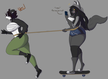 anthro beanie big_breasts black_body black_clothing black_fur black_gloves black_hair black_handwear blue_bottomwear blue_clothing blue_shorts bodily_fluids bottomwear breasts cellphone chest_wraps clothed clothing covered_eyes dialogue duo electronics exercise female fingerless_gloves flying_sweatdrops footwear fur gloves green_bottomwear green_clothing green_pants grey_background grey_body grey_fur hair hair_over_eyes handwear hat headgear headwear holding_object holding_phone jacket multicolored_body multicolored_fur muscular muscular_anthro muscular_female open_clothing open_jacket open_topwear pants phone rope shoes shorts simple_background skateboard skateboarding sport standing sweat sweatdrop text thick_thighs topwear two_tone_body two_tone_fur vehicle white_body white_fur workout wraps yellow_sclera dewwydarts dee_(dewwydarts) mai_(dewwydarts) bear canid canine canis giant_panda mammal wolf 2021 english_text hi_res
