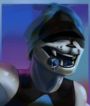 anthro anthrofied bodily_fluids clothed clothing drooling fangs hat headgear headwear male open_mouth saliva simple_background smile solo teeth text tongue tongue_out deltaash deltarune undertale_(series) lancer_(deltarune) canid canine canis darkner domestic_dog mammal 2018 hi_res signature url