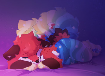 2_tails anthro blue_pawpads fur hair lying male markings multi_tail multicolored_body multicolored_fur nude on_side one_eye_closed pawpads paws short_hair snout solo star_(marking) striped_markings stripes tail shiones canid canine fox mammal 2026 colored digital_drawing_(artwork) digital_media_(artwork) hi_res shaded