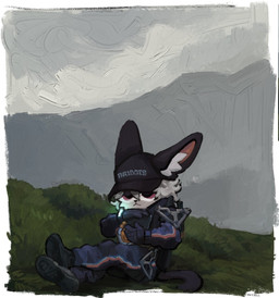 4_fingers anthro black_body black_fur black_nose border bottomwear clothed clothing detailed_background eyes_closed fingers footwear fur gloves grass hair handwear hat headgear headwear holding_object inner_ear_fluff jacket male multicolored_body multicolored_fur on_ground outside pants plant resting shoes sitting solo tail text text_on_clothing text_on_hat text_on_headwear topwear tuft wearing_hat white_body white_border white_fur white_hair white_inner_ear_fluff co2killsu death_stranding domestic_cat felid feline felis mammal 2024 english_text painting_(artwork)
