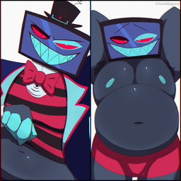 armpit_hair belly big_belly body_hair bulge clothed clothing clothing_lift detailed_bulge electronics for_a_head huge_belly looking_at_viewer male moobs naughty_face nipples overweight pecs screen screen_face slightly_chubby smile smiling_at_viewer solo teasing teasing_viewer television underwear gukimagone_(artist) hazbin_hotel hellaverse vox_(hazbin_hotel) demon demon_humanoid humanoid object_head screen_head tv_head 1:1 hi_res