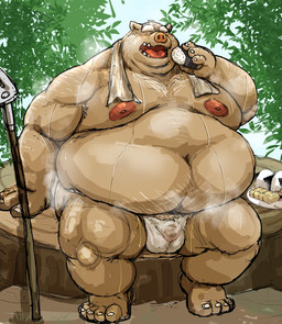 anthro asian_clothing belly big_belly bodily_fluids brown_body bulge clothing east_asian_clothing food fundoshi japanese_clothing kemono male moobs musk navel nipples onigiri overweight overweight_male rice sitting solo sweat towel towel_around_neck underwear white_clothing white_fundoshi white_underwear kotobuki mammal suid suine sus_(pig) wild_boar 2026 absurd_res hi_res