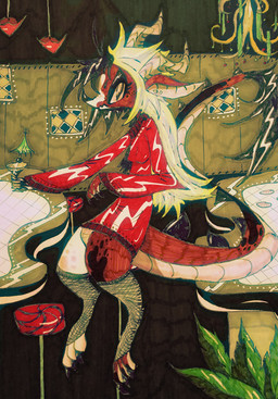 anthro bar black_hair breasts clothed clothing detailed_background female furniture hair multicolored_hair red_body red_clothing red_scales red_shirt red_topwear scales shirt sitting solo stool topwear white_hair naircat mythology dragon mythological_creature mythological_scalie scalie 2015