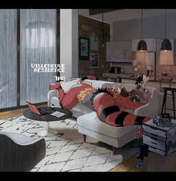 ambiguous_gender anthro appliance beverage black_bars book chair claws clothing computer container cup detailed_background duo electronics footwear fur furniture glass hair holding_container holding_cup holding_object inside kitchen kitchen_appliance kitchen_utensils laptop larger_anthro larger_male male microwave_oven photo pillow raining red_body red_fur size_difference smaller_ambiguous smaller_human sofa table text tools thiccwithaq nintendo pokemon generation_7_pokemon human incineroar mammal pokemon_(species) english_text hi_res letterbox