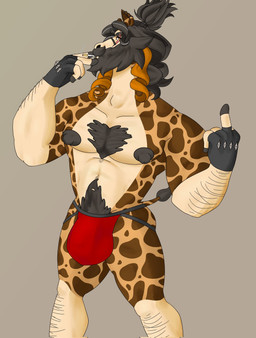 abs adam's_apple anthro beard big_bulge black_jewelry black_nipples body_hair bottomwear brown_eyes bulge cigarette cigarette_in_mouth clothed clothing curly_hair ear_piercing eye_scar facial_hair facial_piercing facial_scar fingers fur gesture gloves grey_hair hair hand_gesture handwear happy_trail hooved_fingers hooves jewelry jockstrap lip_piercing long_beard male male_anthro markings mature_anthro mature_male middle_finger mole_under_eye mostly_nude musclegut muscular muscular_anthro muscular_male mustache nipples nose_jewelry object_in_mouth partially_clothed pecs piercing ponytail pubes red_bottomwear red_clothing red_jockstrap red_underwear scar solo spots spotted_body spotted_fur tall topless topless_anthro topless_male underwear underwear_only starmoral mora_giraffe_(starmoral) giraffe giraffid mammal hi_res