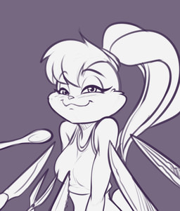 :3 blush cutlery female fork kitchen_utensils knife long_ears smug solo spoon tools scorpdk knife_cat looney_tunes smug_cat warner_brothers lola_bunny lagomorph leporid mammal rabbit hi_res meme monochrome