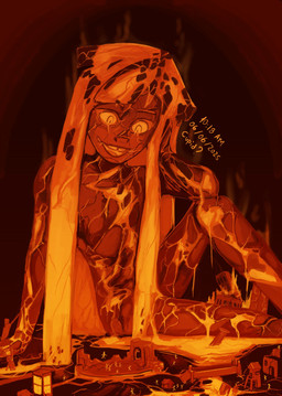 alternate_species buckteeth building female hair lava lava_hair long_hair macro nude open_mouth orange_eyes orange_hair orange_sclera orange_text people_watching pseudo_hair simple_background size_difference solo tasteful_nudity teeth text earthcrawler twelve_forever reggie_(twelve_forever) reggie_abbott elemental_creature elemental_humanoid humanoid 2025 absurd_res dated digital_media_(artwork) digital_painting_(artwork) english_description english_text hi_res krita_(artwork) painting_(artwork)