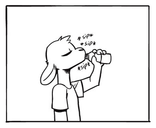 anthro biped border bottle clothed clothing container drinking eyes_closed head_tuft holding_bottle holding_container holding_object male shirt simple_background solo sound_effects t-shirt text topwear tuft white_background white_border fuel_(artist) chico_(fuel) deer mammal 2025 black_and_white english_text hi_res monochrome