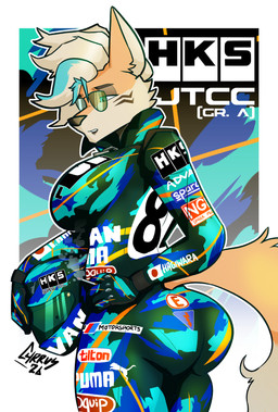anthro armor black_lipstick blue_highlights butt butt_pose cigarette clothing eyewear facial_markings female fur gloves handwear head_markings headgear helmet highlights_(coloring) lipstick looking_away makeup markings pose racing_suit solo standing sunglasses yellow_body yellow_fur carrus advan hks puma_(company) sparco alexis_(st-004) canid canine fox mammal absurd_res hi_res