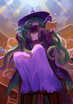 armwear book bookshelf clothed clothing dress front_view furniture green_tentacles hat headgear headwear holding_book holding_object light_body light_skin low-angle_view male mouth_closed obscured_eyes pink_tentacles pseudo_hair purple_armwear purple_clothing purple_dress sitting solo tentacle_hair tentacles unsigned witch_hat corzh77 animal_humanoid aquatic aquatic_humanoid humanoid absurd_res full-length_portrait hi_res portrait