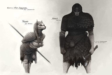 age_difference amazon anthro armor axe bandage battle_axe bone bone_mask chainmail description duo female imposing leaning leaning_forward mask melee_weapon menancing paint polearm size_difference skull skull_mask spear standing tattoo text tribal warrior weapon mikelocesterlanders canid canine canis mammal wolf absurd_res english_text hi_res sketch
