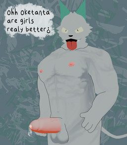anthro big_nipples big_penis genitals humanoid_genitalia looking_at_viewer male muscular nipples penis solo text geijutsu_konran mau_makan_apa the_stars_are_falling poteto_tsaf domestic_cat felid feline felis mammal 3d_(artwork) digital_media_(artwork) english_text