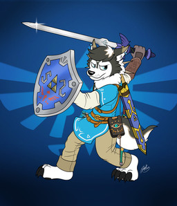 anthro arrow_(weapon) barefoot blue_eyes bottomwear bow_(weapon) claws clothing ear_piercing feet holding_melee_weapon holding_object holding_shield holding_sword holding_weapon inner_ear_fluff male master_sword melee_weapon pants piercing ranged_weapon scabbard shield shirt simple_background solo sword toe_claws topwear tuft tunic weapon doggettdouglasmcdog breath_of_the_wild nintendo pokemon super_smash_bros. super_smash_bros._ultimate the_legend_of_zelda link_(wolf_form) canid canine canis dusk_lycanroc generation_7_pokemon lycanroc mammal pokemon_(species) wolf 2020 hi_res