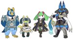 2014 3_fingers 3_toes ambiguous_gender anthro armor blue_body blue_eyes blue_fur canid canine canis cape chrom_(fire_emblem) clothed clothing cosplay costume feet fingers fire_emblem fire_emblem_awakening fire_emblem_fates footwear fur generation_3_pokemon generation_4_pokemon generation_6_pokemon grey_eyes group hi_res honedge jackal kirlia lucario mammal melee_weapon nintendo pokemon pokemon_(species) prinplup purple_eyes red_eyes riolu robin_(fire_emblem) satoren shiny_pokemon simple_background snout spikes standing sword thin_calves toes weapon white_background