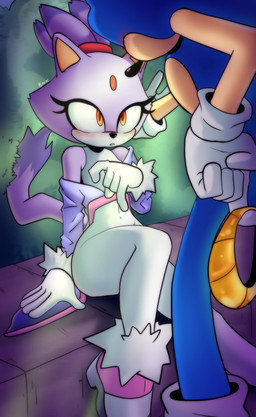 anthro blush bodysuit clothing duo female footwear gloves hair handwear hero high_heels jacket jewelry kabedon looking_at_another looking_at_partner looking_up male male/female necklace outside plant ponytail princess royalty shoes shrub skinsuit tight_clothing topwear wall_pinned yellow_eyes xao_art sega sonic_the_hedgehog_(series) blaze_the_cat sonic_the_hedgehog domestic_cat eulipotyphlan felid feline felis hedgehog mammal absurd_res hi_res