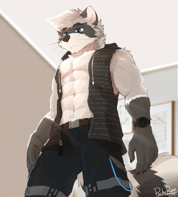 abs anthro belt black_body black_bottomwear black_clothing black_ears black_fur black_nose black_pants black_topwear blue_eyes bottomwear brown_belt clock clothed clothing front_view fur gloves_(marking) grey_body grey_fur grey_hair hair inside looking_down low-angle_view male markings mouth_closed muscular muscular_anthro muscular_male narrowed_eyes open_clothing open_topwear open_vest pants pecs solo standing topwear vest watch whiskers white_body white_fur white_inner_ear wristwatch pache_riggs riggs_(pache_riggs) mammal procyonid raccoon hi_res portrait signature three-quarter_portrait