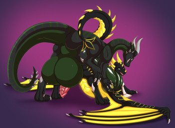 balls big_balls big_penis black_body black_tail bodily_fluids butt claws duo feet feral genital_fluids genitals green_balls green_body green_penis green_tail grey_claws grey_horn horn huge_balls huge_penis hyper hyper_genitalia hyper_penis male male/male multicolored_body open_mouth penis pink_penis pink_tongue precum precum_squirt purple_background sharp_teeth simple_background tail teeth toes tongue white_claws wings yellow_horn yellow_wings tofu-doggo mythology dragon mythological_creature mythological_scalie scalie hi_res