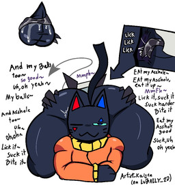 ambiguous_gender anal anal_penetration anthro anus big_butt bodily_fluids butt butt_grab duo genital_fluids hand_on_butt huge_butt huge_thighs hyper hyper_butt hyper_thighs looking_at_viewer male male/ambiguous penetration profanity speech_bubble text thick_thighs fpe kaijin fan_character felid mammal english_text