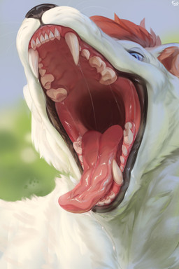 anthro biped blue_eyes bodily_fluids drooling leg_markings male markings mouth_shot open_mouth paws purple_body red_markings saliva sharp_teeth socks_(marking) teeth tongue tongue_out white_body winter_coat famir blitzstoat_(gyro) mammal mustelid musteline stoat true_musteline weasel absurd_res hi_res