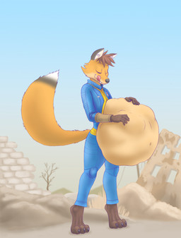 anthro belly male solo vore weasselk fallout microsoft rocky_the_fox canid canine fox mammal hi_res