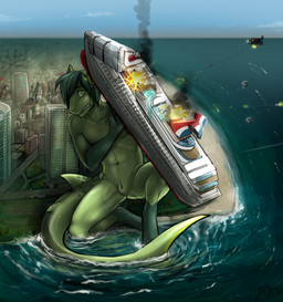 aircraft animal_genitalia anthro building crouching explosion genital_slit genitals hair helicopter macro male nude solo vehicle water sepiaflux aquatic fish shark 2014 hi_res