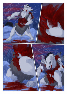 anthro arrow_(weapon) axe biped blood bodily_fluids clenched_teeth clothed clothing eyes_closed female fur gore melee_weapon outside pained_expression ranged_weapon snow snowing solo sword tail teeth weapon white_body white_fur white_tail wounded bjekkergauken the_weapon_thief aurochs bovid bovine mammal recently_extinct_species 2025 colored comic hi_res