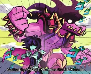 ambiguous_gender ambiguous_human anthro clothed clothed_ambiguous clothed_anthro clothed_female clothed_human clothing dialogue duo female female_anthro humor jojo_pose motion_lines muscular muscular_ambiguous muscular_anthro muscular_female profanity text hurrakkakaka deltarune jojo's_bizarre_adventure kris_where_are_we menacing_(meme) undertale_(series) kris_dreemurr star_platinum susie_(deltarune) crocodile crocodilian human lizard mammal reptile scalie stand_(jjba) 2021 crossover digital_media_(artwork) english_text meme