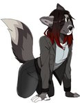 anthro bottomwear clothing hair jacket leather leather_clothing leather_jacket leather_topwear looking_at_viewer male one_eye_closed pants raised_tail red_hair solo tail topwear wink kasusei maremare ako_(character) african_wild_dog canid canine mammal