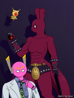 3_fingers accessory antennae_(anatomy) anthro armwear belt big_tail claws clothing cosplay crossover_cosplay drone duo explosives eye_scar facial_scar female fingers gloves handwear holding_object holding_weapon long_ears machine male melee_weapon muscular muscular_anthro muscular_female necktie pink_body polearm red_body scar skull_symbol spear suit tail weapon white_eyes wire zenith_the_scug jojo's_bizarre_adventure rain_world videocult artificer_(rain_world) five_pebbles_(rain_world) humanoid iterator_(rain_world) robot robot_humanoid slugcat slugcat_humanoid 3:4 absurd_res crossover hi_res