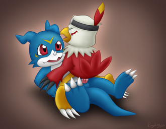 anal anal_penetration anthro balls blue_body blue_skin brown_background cowgirl_position cute_fangs duo erection eyes_closed fangs from_front_position genitals interspecies leaking lying male male/male male_on_bottom male_on_top male_penetrated male_penetrating male_penetrating_male nude on_back on_bottom on_lap on_top open_mouth penetration penis rear_view red_eyes sex simple_background straddling teeth reykay bandai_namco digimon avian digimon_(species) hawkmon scalie veemon