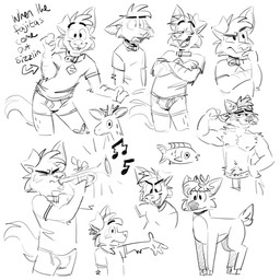 anthro boxer_briefs clothed clothing collar confident crossed_arms directional_arrow eyes_closed flexing_muscles group half-closed_eyes male markings muscular muscular_male musical_note musical_symbol narrowed_eyes open_mouth open_smile pantsless pantsless_anthro pantsless_male playing_music playing_trumpet shirt simple_background smile spots spotted_markings symbol t-shirt text toony topless topless_anthro topless_male topwear underwear white_background tinydeerguy darwin_(tinydeerguy) matt_riskely sam_(tinydeerguy) aquatic canid canine canis deer domestic_dog fish giraffe giraffid mammal procyonid raccoon 1:1 black_and_white english_text hi_res monochrome sketch