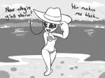 barefoot bikini black_eyes blush breasts clothed clothing feet female freckles hat headgear headwear lake looking_at_viewer navel not_furry open_mouth outside sky smile solo swimwear text two-piece_swimsuit water tooneyd cassidy_(tooneyd) alien alien_humanoid humanoid roswell_grey 2016 4:3 english_text monochrome source_request