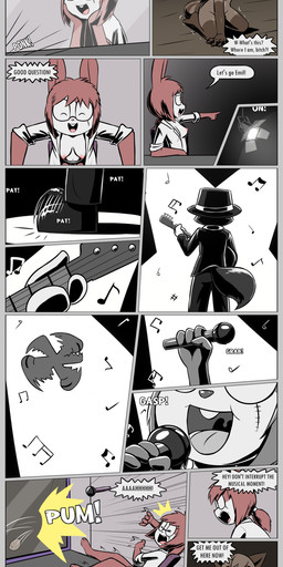 4_fingers angry anthro breasts buckteeth clothed clothing duo electronics eyewear facial_scar fangs female fingers glasses guitar hanging_breasts microphone music musical_instrument navel nipples nude open_clothing open_topwear partially_clothed peril pipe plucked_string_instrument profanity rock scar shaking smile spotlight string_instrument teeth text throwing topwear trembling warp_pipe e254e mario_bros nintendo dr._emilia_(e254e) emil_(e254e) canid canine fox lagomorph leporid mammal procyonid rabbit raccoon absurd_res english_text hi_res