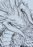 ambiguous_gender feral front_view horn long_neck looking_at_viewer mouth_closed pupils scales simple_background slit_pupils solo khyaber mythology dragon mythological_creature mythological_scalie scalie 2022 dated hi_res monochrome signature